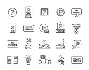 Car parking line icons set. Simple symbols with private parking, cars in parking lot, road signs and tow truck. Editable stroke. Outline vector illustration collection isolated on white background