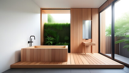 Fototapeta premium wooden bathtub greenery