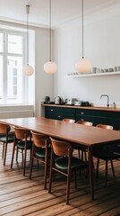This modern kitchen boasts dark green cabinets and a warm wooden table, complemented by pendant lights and a light wood floor, creating a serene olive atmosphere