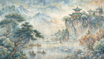 Traditional Chinese watercolor landscape with mountains and boats