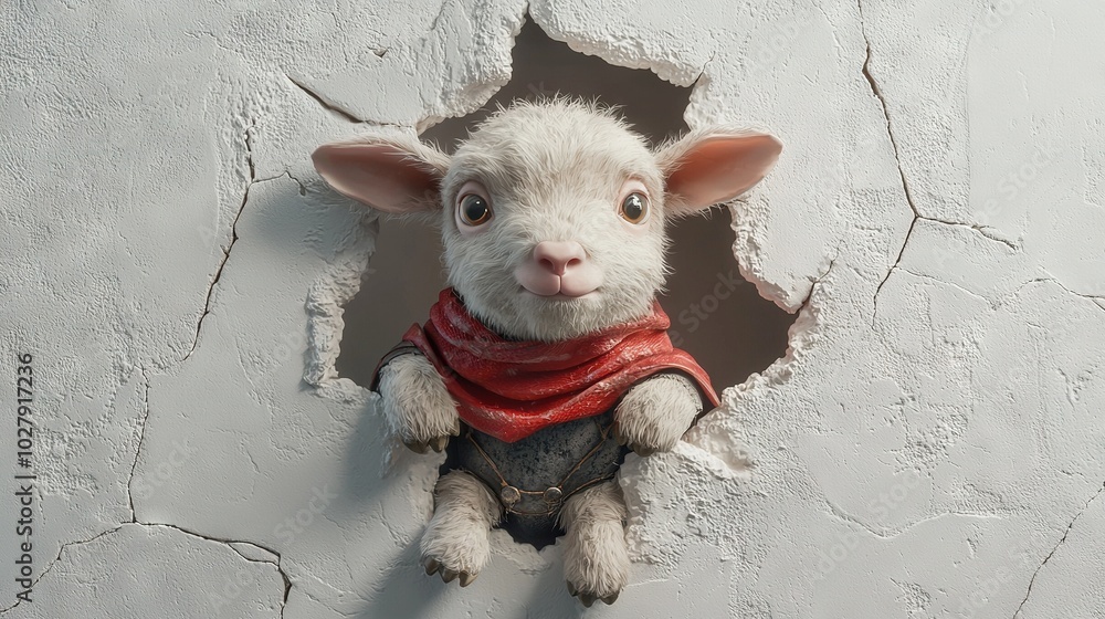 Wall mural   A white sheep peering through a concrete wall's hole, adorned with a red scarf