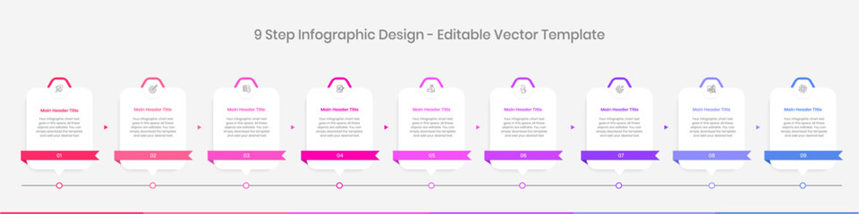 9 step Infographics Design Template, Chart diagram, Graph, Pie chart, workflow layout, vertical rectangle diagram, report, Editable presentation design elements, Process diagram in white background