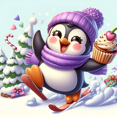 Obraz premium Happy penguin holding cupcake 