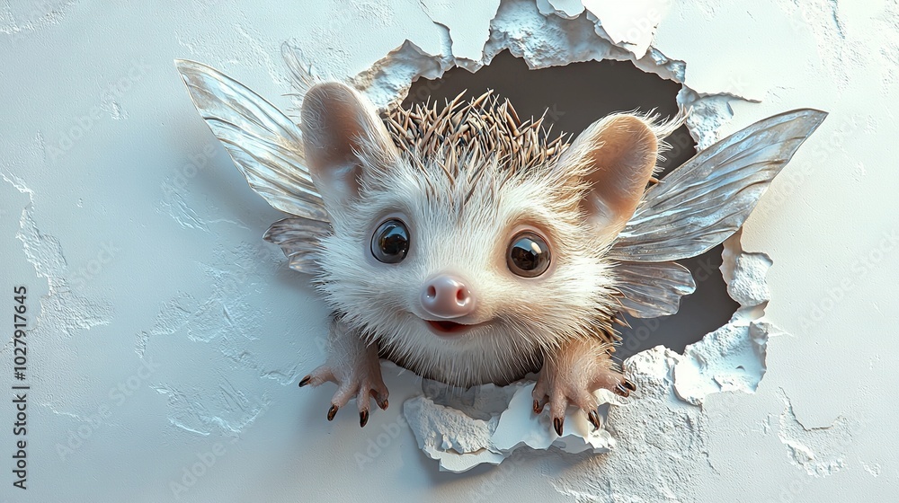 Poster   A baby hedgehog emerges from a hole in the wall, revealing its wings and wide-open eyes