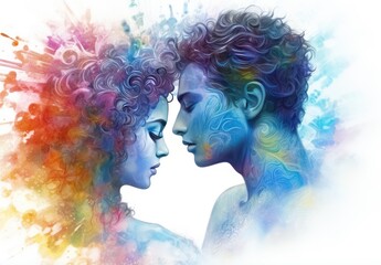 Handsome man hugging his sensual girlfriend. The spouses gently embrace each other. Couple in love. Romantic dance of a guy and a girl. Illustration for cover, card, interior design, decor or print.