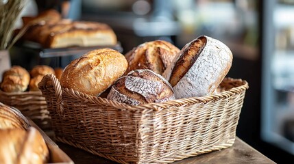   Basket with loaf of bread and other loaves on the table