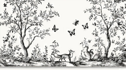   A monochrome depiction of a woodland setting featuring a deer and fluttering butterflies against a pristine white backdrop