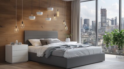Modern bedroom with wooden wall panels, white and grey bed frame, overhead hanging lights, and a cityscape window view