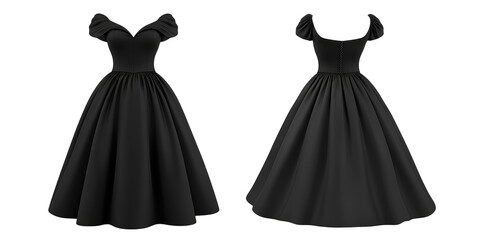 3d black female dress front and back view. Blank mockup for branding uniform on transparent cutout background, PNG file. Mockup clipart template