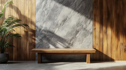 Modern hallway with wooden bench and marble stone wall paneling