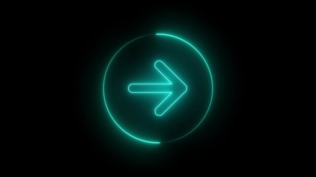 Neon right arrow sign with neon circle animation. cyan color neon line directional right arrow animation. Neon arrow symbol icon. Directional sign arrow points to the right. on black background