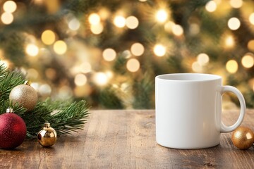 A cozy white mug placed on a wooden table with Christmas ornaments and a beautifully lit tree in the background