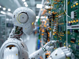 Fototapeta premium An advanced robot working on a panel with electronic components, chips and motherboards in a technology environment, showcasing innovation and automation.