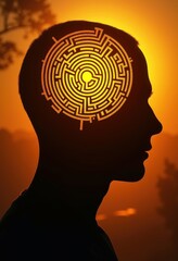 A silhouette of a person with a maze inside their head, symbolizing complex thoughts, mental challenges, and the journey to find solutions. Perfect for psychology and self-help themes.