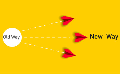 Red paper airplane flying old way new way. New Idea concept. business life change concept. Different thinking, Business leader, personality development idea concept.	