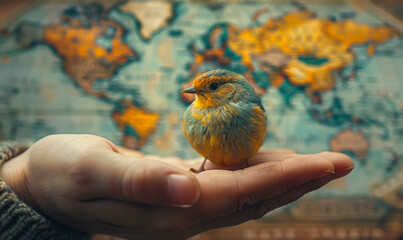 Hand Holding Toy Bird Over Vintage World Map - Symbolizing Global Travel and International Exploration Concept