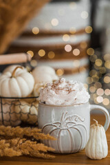 Delicious pumpkin latte with whipped cream and cinnamon in a mug on the table in the living room interior. Autumn decor in the house. Scandinavian style.
