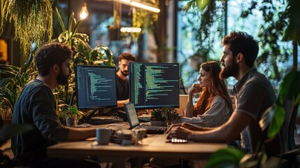 A diverse team of IT professionals collaborating on a project in a modern office,