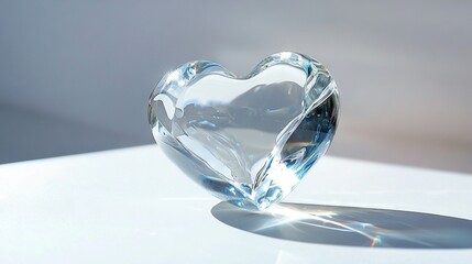   Heart-shaped glass object sits on white table with shadowed face nearby