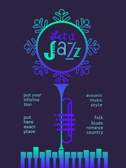 Winter Season Holidays Live Music event vector poster template. Piano, trumpet silhouette, snowflake cartoon illustration. Christmas Jazz Night Tunes Festive Music performance, celebration background