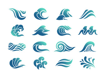 Water wave icons set. Colorful gradient symbols with ocean or sea waves, splashes and liquid splatters. Design Elements for Logo. Cartoon Flat vector illustration isolated on white background