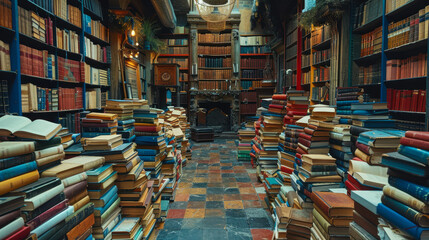 Fototapeta premium Cozy Stacked Book Library Interior with Vintage Bookshelves and Open Books on Tiled Floor, Warm Lighting, Peaceful and Rustic Ambience, Perfect for Bibliophiles and Bookstore Lovers
