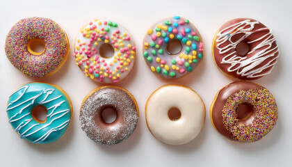 Donuts with colorful toppings lying down, isolated on a white background