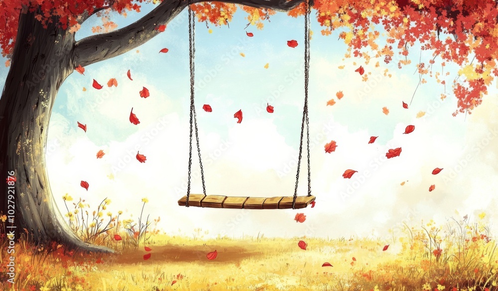Poster tranquil autumn scene with a swing hanging from a tree branch, surrounded by falling leaves and yell