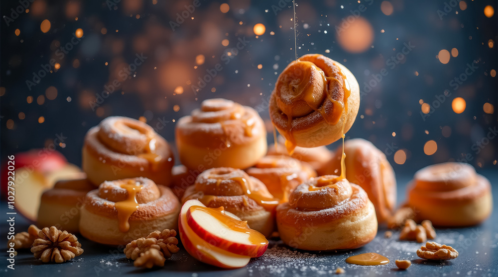 Poster a tempting display of cinnamon rolls drizzled with caramel, surrounded by sliced apples and walnuts,