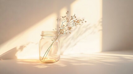   A jar containing a flower, positioned on a white background, casts shadows of adjacent walls