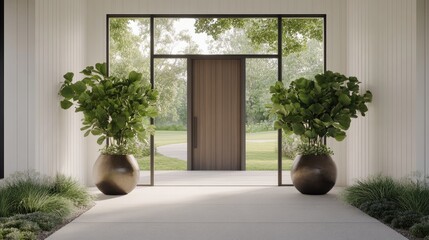 This inviting entryway showcases sleek double glass doors surrounded by large dark wood planters filled with lush greenery against a pristine white stucco facade