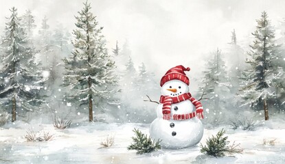 Fototapeta premium Charming Snowman in a Red and White Striped Scarf Surrounded by Pine Trees