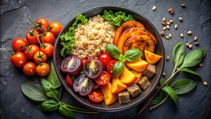 Healthy Vegetarian Buddha Bowl with Roasted Pumpkin, Quinoa, Tomatoes, and Green Salad on Slate Background Close Up