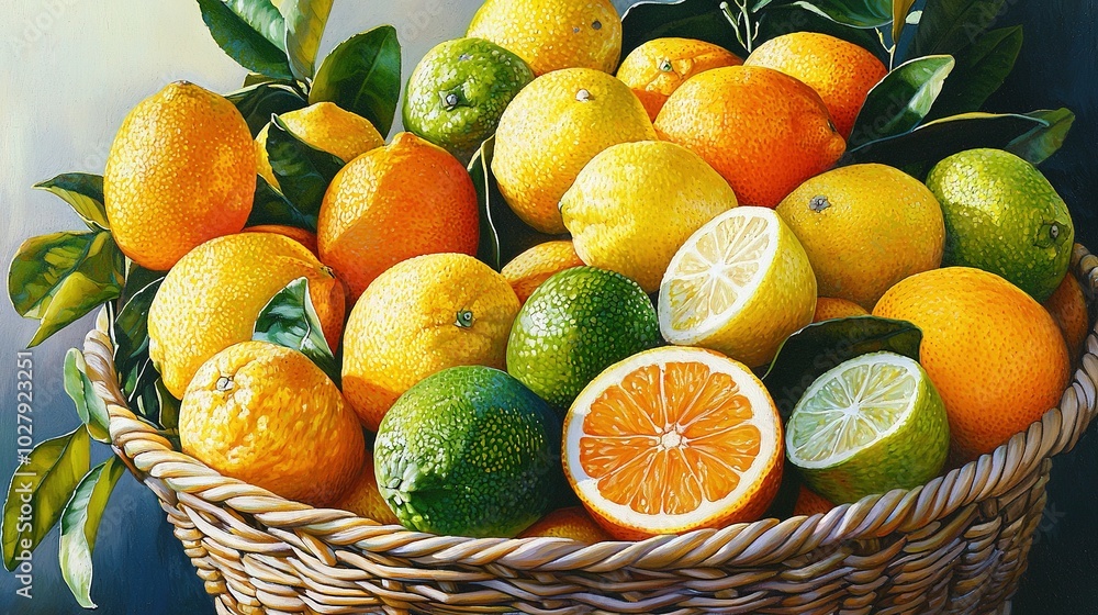 Canvas Prints  An artwork featuring oranges, lemons, wicker basket, green foliage against a blue backdrop