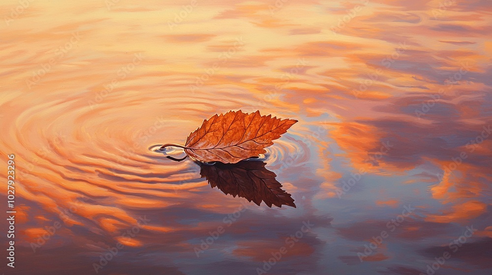 Wall mural   A leaf floats atop rippling water