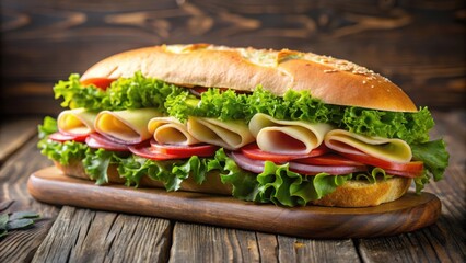 Delicious submarine ham and cheese sandwich on freshly baked bread with lettuce