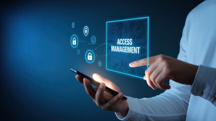 Hand using smartphone to access management features on digital interface.