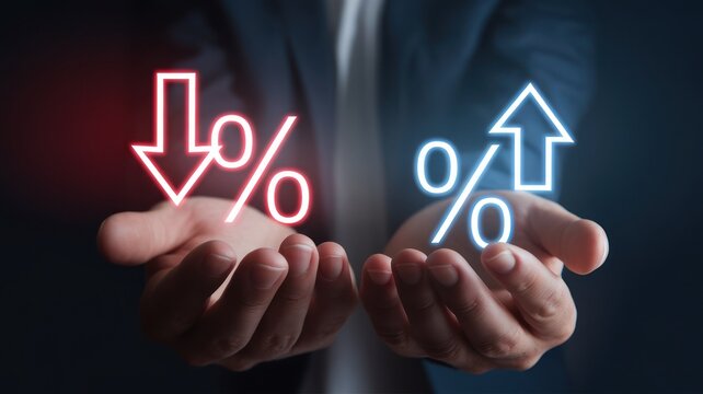 Hands holding symbols of percentage increase and decrease on dark background.