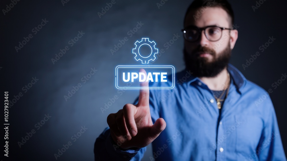 Poster man interacting with digital update button against dark background.