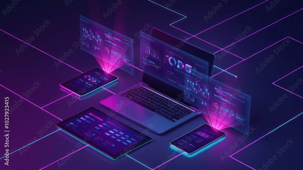 Poster modern digital devices with glowing interfaces on a dark background.
