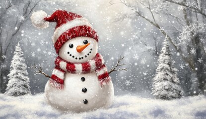Charming Snowman in a Red and White Striped Scarf Surrounded by Pine Trees