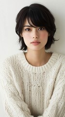 Fototapeta premium Gaze of Stylish young asian woman with short black hair posing confidently in trendy white sweater in cozy studio setting. Japanese asian model showcases chic fashion sense in minimalistic background