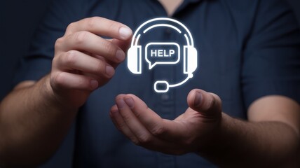 Person holding a help icon with headset in hands, dark background.