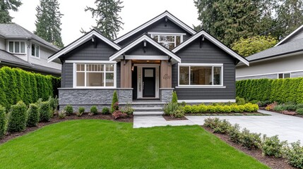 The small black cottage showcases a modern farmhouse design, featuring shingle details and white trim, nestled among beautifully manicured hedges and trees.