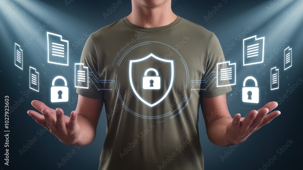 Poster person showcasing data security with lock icons and documents in a digital environment.
