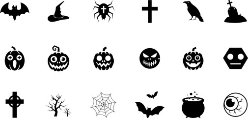 Horror, Funny and Scary halloween faces silhouette icon. Pumpkin Silhouette Icon. Spooky Faces of Ghost Glyph Pictogram. Halloween Horror Emotions Icon. Isolated Vector Illustration.