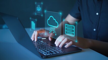 Person using a laptop with digital cloud and data icons displayed.
