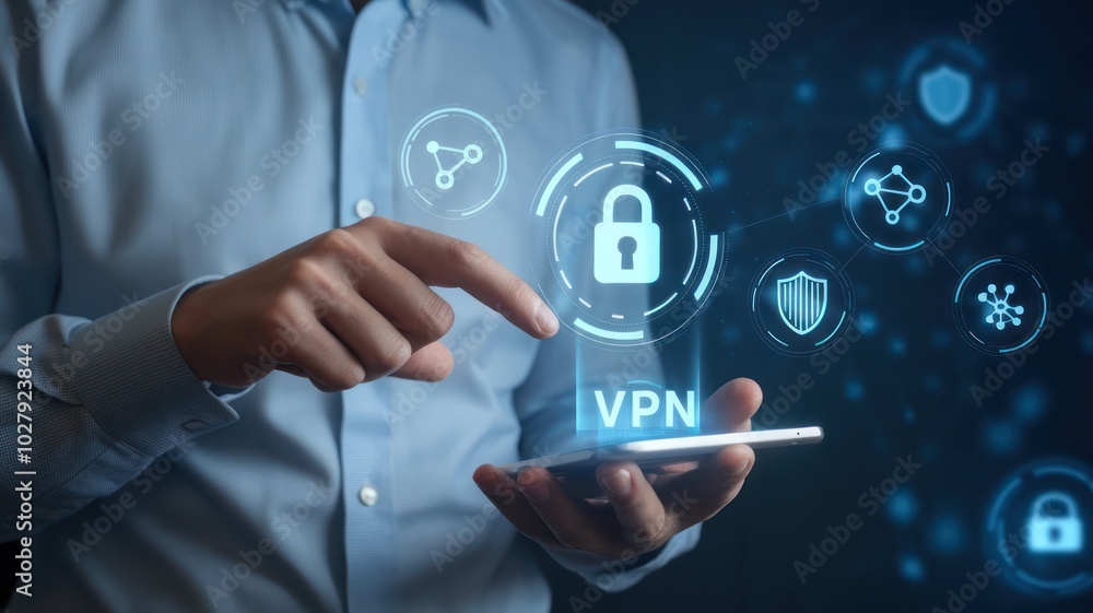 Aufkleber person using smartphone with vpn security icons on a digital interface.