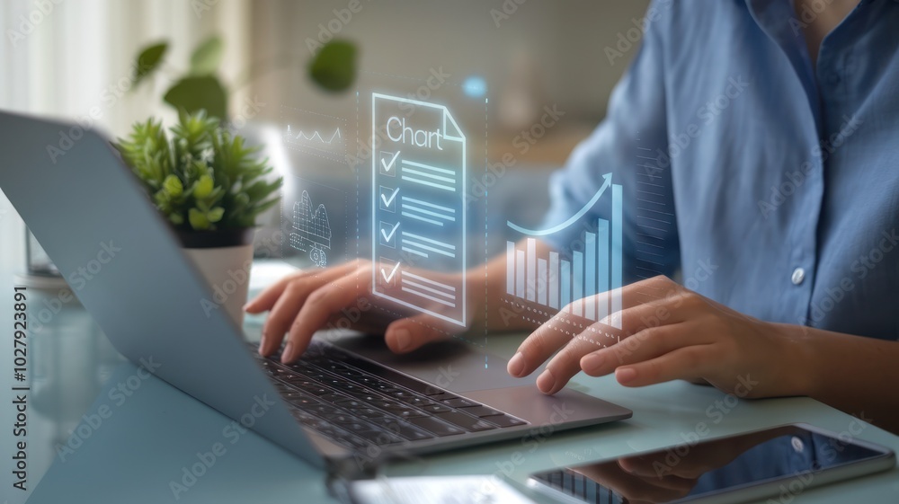 Aufkleber person working on laptop with digital charts and checklists in modern workspace.