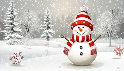 Charming Snowman in a Red and White Striped Scarf Surrounded by Pine Trees